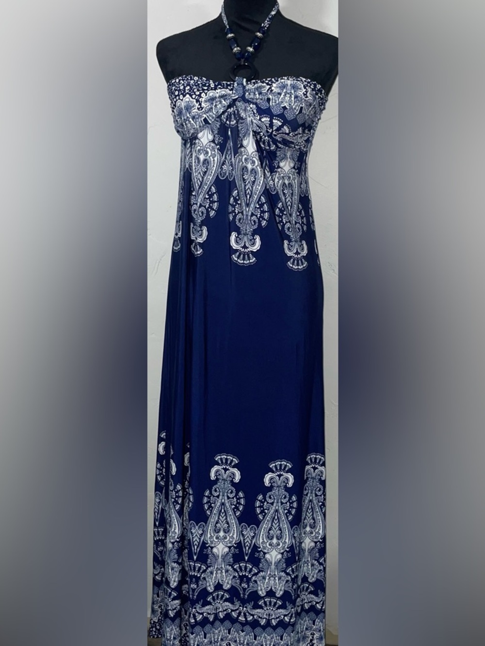 Halter Navy Maxi Skirt with White Paisley Border